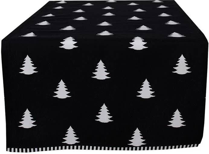 Clayre & Eef Tafelloper Kerst 50x140 cm Zwart Wit Katoen Rechthoek Kerstbomen Tafelkleed Zwart Tafelkleed