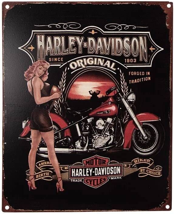 Clayre & Eef Tekstbord 20x25 cm Zwart Rood Ijzer Vrouw met motor Harley Davidson Wandbord Zwart Wandbord