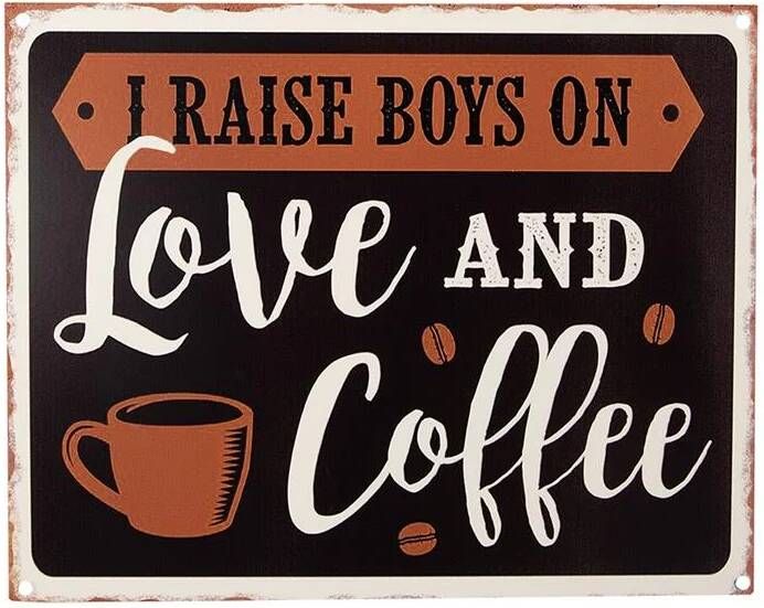 Clayre & Eef Tekstbord 25x20 cm Zwart Bruin Ijzer Love and coffee Wandbord Zwart Wandbord