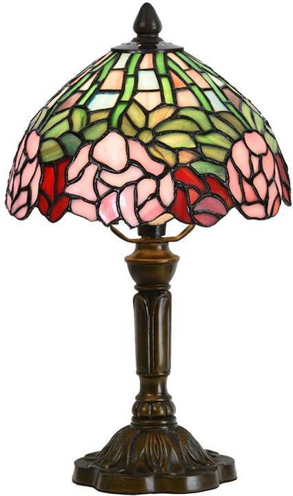 Clayre & Eef Tiffany Tafellamp Ø 21x39 cm Groen Roze Glas Bloemen