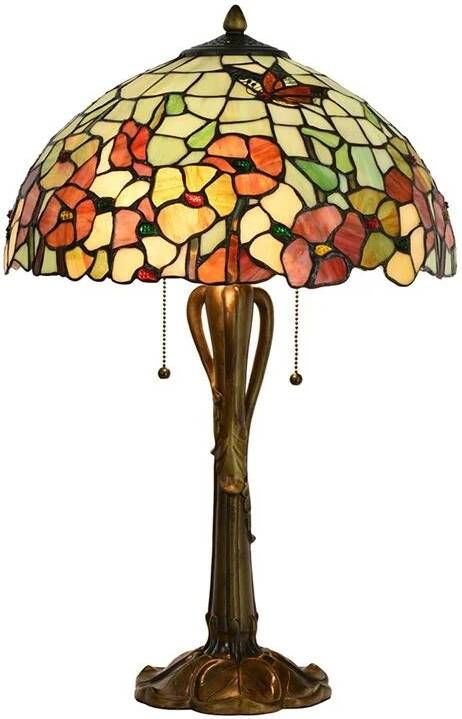 Clayre & Eef Tiffany Tafellamp Ø 40x63 cm Beige Rood Glas Bloemen