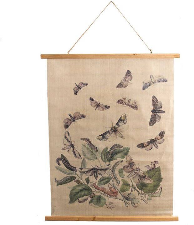 Clayre & Eef Wandkleed 80x100 cm Beige Hout Textiel Rechthoek Vlinders Wanddoek Wandhanger Wandkaart