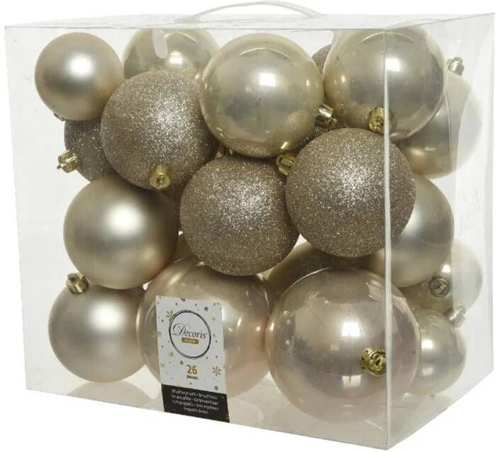 Decoris 26x Stuks Kunststof Kerstballen Licht Parel champagne 6-8-10 Cm Glans mat glitter Kerstbal
