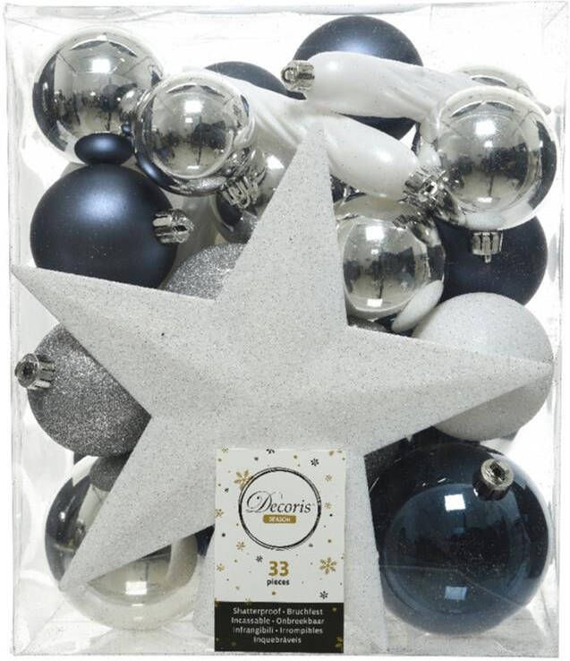 Decoris 33x Blauw wit zilveren Kerstballen Met Piek 5-6-8 Cm Kunststof Kerstbal