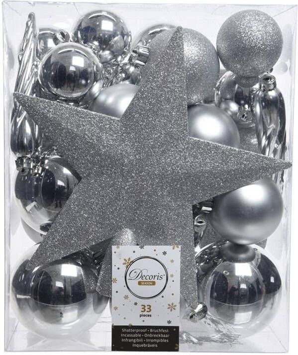 Decoris 33x Zilveren Kerstballen Met Ster Piek 5-6-8 Cm Kunststof Mix Kerstbal
