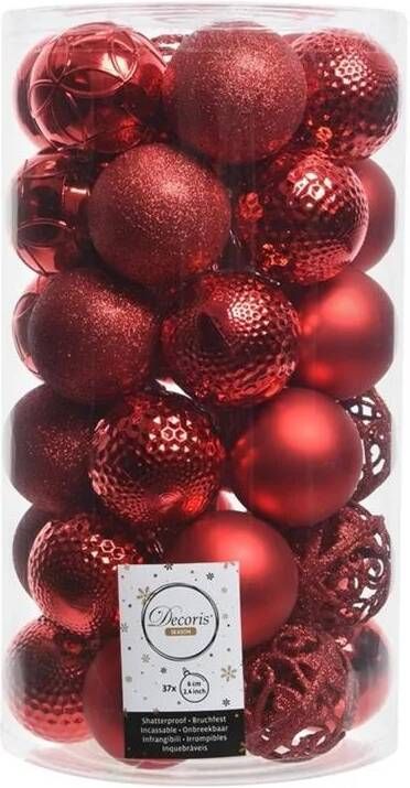 Decoris 37x Kerst Rode Kerstballen 6 Cm Kunststof Mix Kerstbal