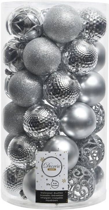 Decoris 37x Zilveren Kerstballen 6 Cm Kunststof Mix Kerstbal