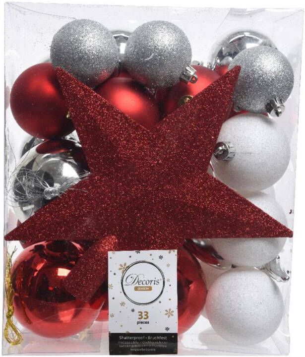 Decoris 33x Rood wit zilveren Kerstballen Met Piek 5-6-8 Cm Kunststof Kerstbal