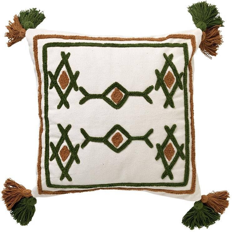 Dutch Decor ZITA Sierkussen katoen 45x45 cm Chive groen wit bruin Kussen met flosjes