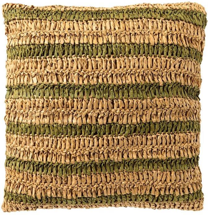 Dutch Decor ANTONY Sierkussen 45x45 cm strepen van raffia Olive Branch groen en bruin