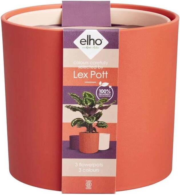 Elho Lex Pott set van 3 Bloempotten voor Binnen 100% Gerecycled Plastic Ø 11. 13 en 14 cm Koraalrood