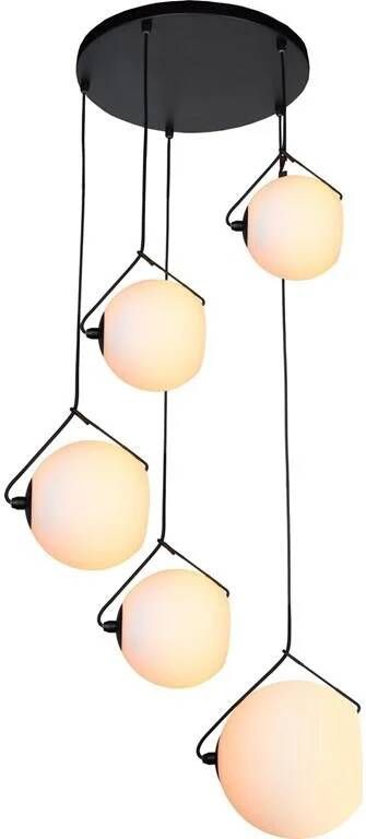 ETH verlichting | ETH Orb Opal Hanglamp 5x E27 Opaal Glas 2x20-2x25-30cm Zwart 50cm Ronde Plaat Kabel 3.5 Meter | Woonaccessoires | Hanglamp