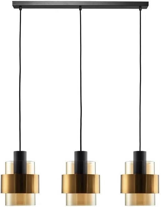 Freelight Hanglamp Chiasso Zwart Goud & Amber Glas 3 Lichts L 1 mtr