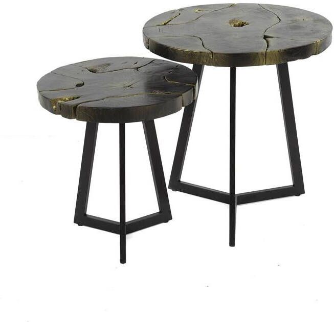 Giga Meubel Salontafel Set van 2 Black and Gold Rond Teakhout