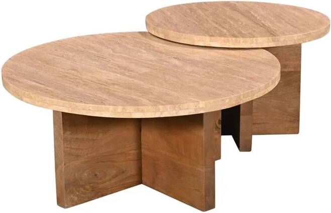 Giga Meubel Salontafel Leno Rond Travertin Hout Naturel Set van 2
