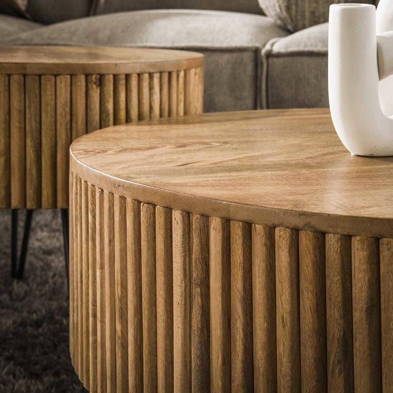 Giga Meubel Salontafel Rond 80cm Naturel Mangohout Set Van 2 Wave