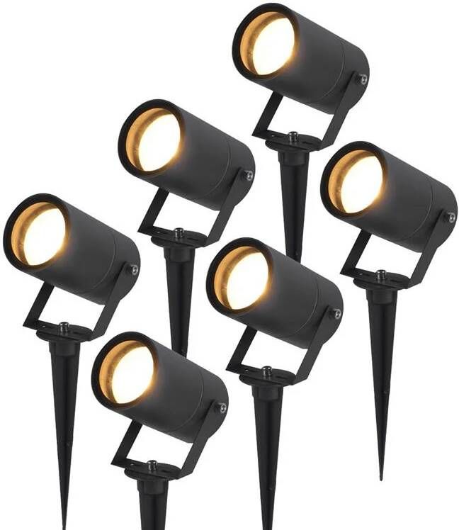 HOFTRONIC 6x Spikey Tuinspot voor buiten LED Zwart 2700K Warm wit Waterdicht 5 Watt 400 Lumen 230V Verwisselbare GU10 lamp Prikspot met grondspies Richtbaar Aluminium Voor het uitlichten van planten struiken en bomen