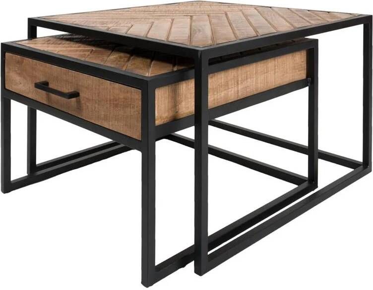 Home67 Salontafel Ruby Visgraat Bruin Mangohout Set van 2