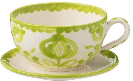 J-Line Cup+Plate Granada Ceramic White|Green