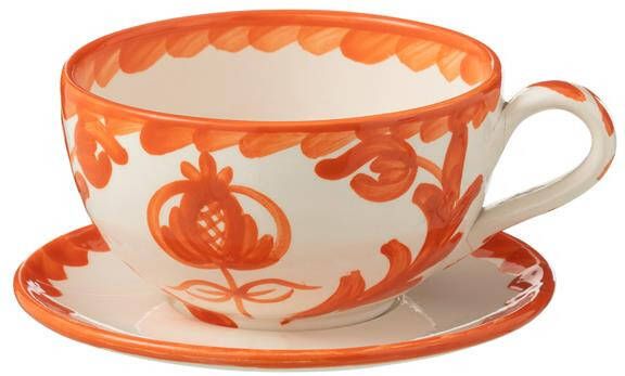 J-Line Cup+Plate Granada Ceramic White|Orange