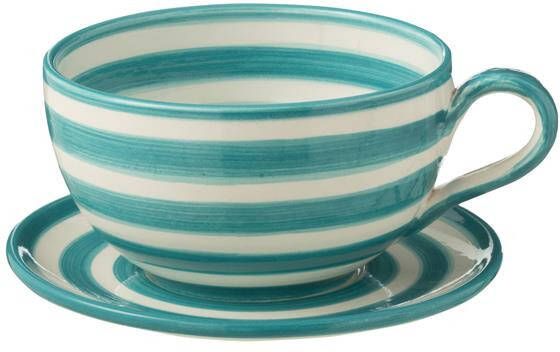 J-Line Cup+Plate Granada Stripes Ceramic White|Aqua