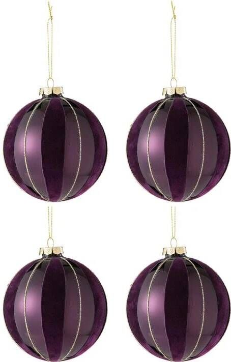 J-Line Kerstballen glas| fluweel paars| goud 4x