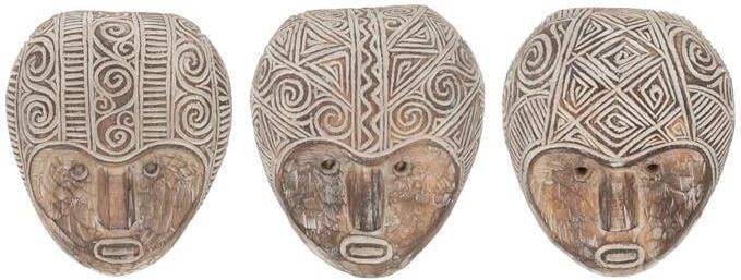 J-Line wanddecoratie Masker Primitief hout bruin|wit 3 stuks