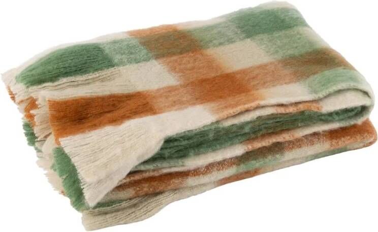 J-Line plaid Ruitjes + Franjes textiel wit|groen|bruin