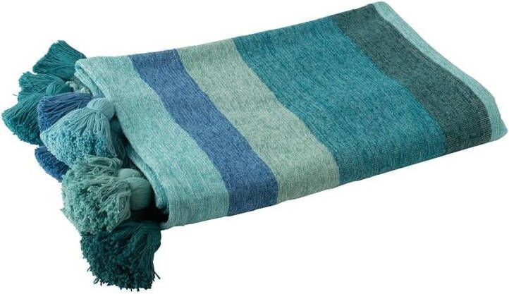 J-Line Plaid Strepen+Kwastjes Katoen Blauw