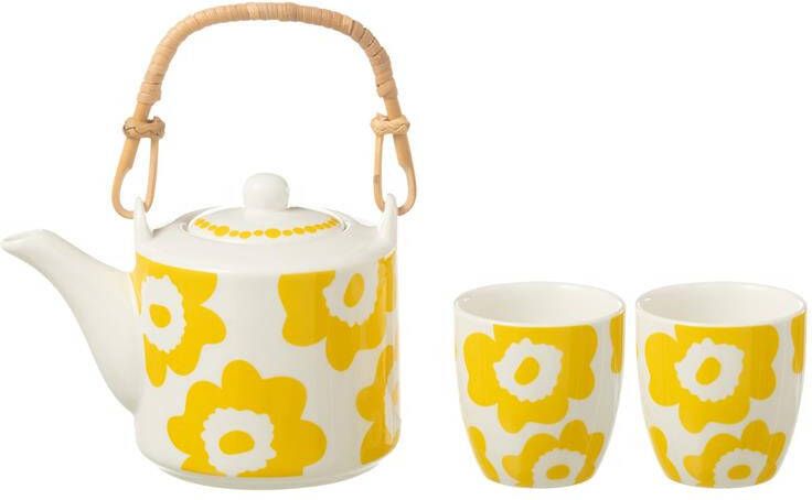 J-Line theepot Bloemen keramiek geel doos van 3 stuks