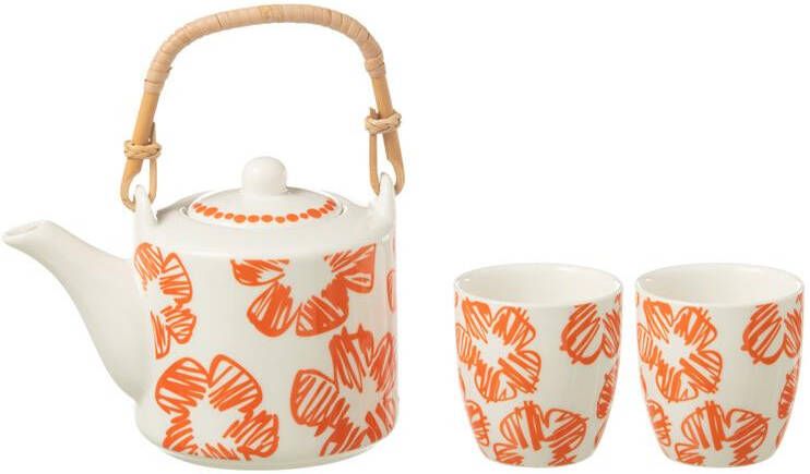 J-Line theepotten Bloemen doos keramiek oranje doos van 3 stuks