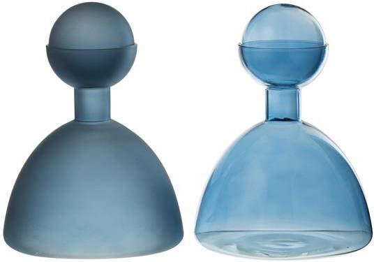 J-Line vaas Fles + Dop Rond glas blinkend|mat blauw 2 stuks Ø 15 cm