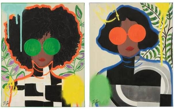 J-Line wanddecoratie Vrouw Popart canvas mix small 2 stuks