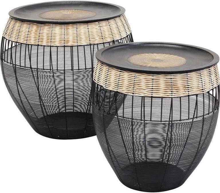 Kare Design African Drums Bijzettafel Set Van 2 Zwart Metaal|Rotan