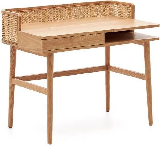 Kave Home Araxi bureau in fineer massief essen en rotan 105 x 62 cm