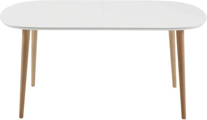 Kave Home Oqui ovaal uitschuifbare MDF tafel met witte lak en massief beuken poten 160(260)x100 cm