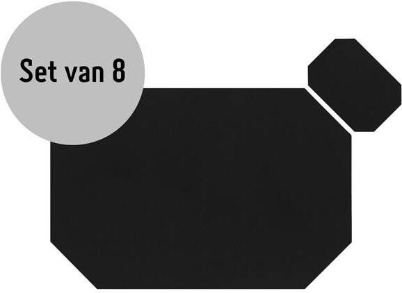 Krumble Placemat achthoekig + onderzetter PU Leder Zwart Set van 8