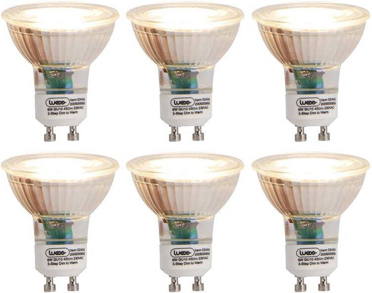 LUEDD Set Van 6 Gu10 3-staps Dim To Warm Led Lampen 6w 450 Lm 2000k 2700k