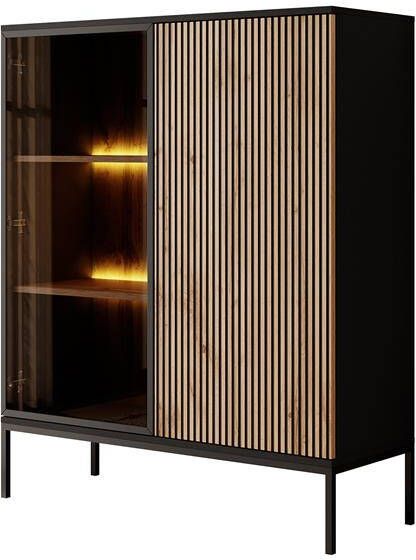 Meubella Vitrinekast Legend Mat zwart Eiken 104 cm Laag