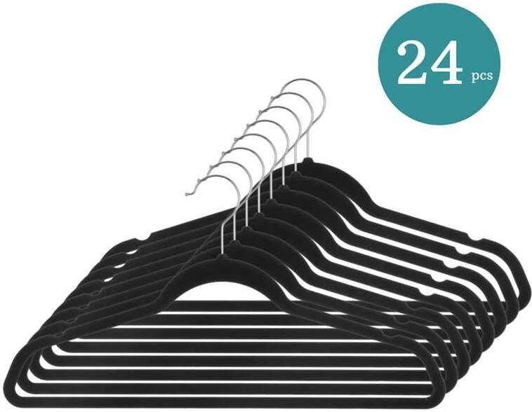 Nordix Kledinghangers Set 24 Stuks Zwart Vilten Velvet Anti Slip Kleerhangers