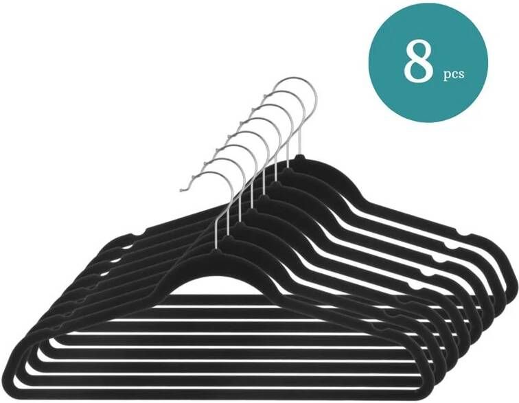 Nordix Kledinghangers Set 8 Stuks Zwart Vilten Velvet Anti Slip Kleerhangers