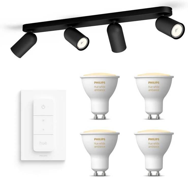 Philips Hue Philips myLiving Pongee Opbouwspot Zwart 4 Lichtpunten Spotjes Opbouw Incl. White Ambiance GU10 & Dimmer Bluetooth