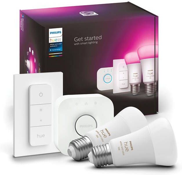 Philips Hue Starterkit Wit En Gekleurd Licht E27 9w 2 Stuks Met Hue Bridge En Hue Dimmer Switch