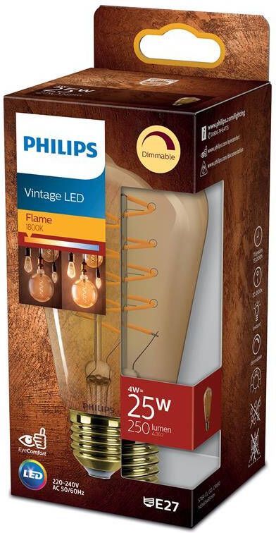 Philips Ledfilamentlamp Edison Classic Warmglow Amber D6 5cm Dimbaar Warm Wit E27 4w