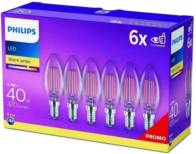 Philips LED filament kogel lamp helder niet dimbaar (6-pack) E14 B3…