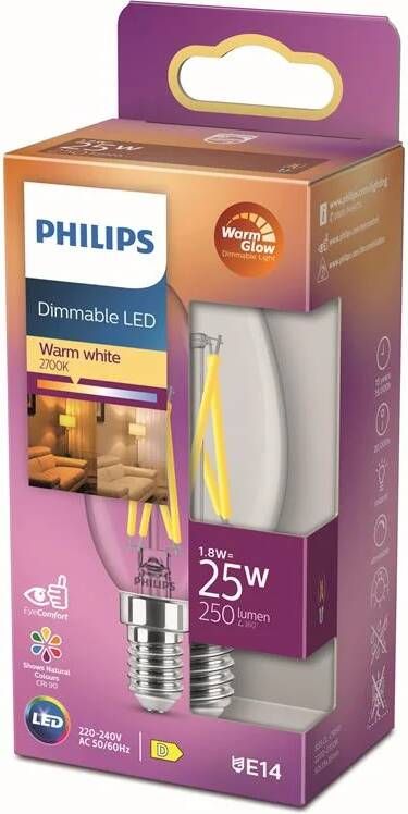 Philips Ledfilamentlamp Kaars D3 5cm Dimbaar Warm Wit E14 1 8w