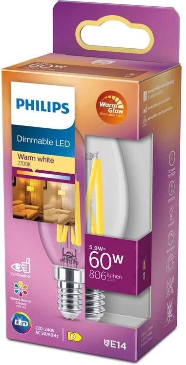 Philips lighting 871951432455800 LED-lamp Energielabel D (A G) E14 Kaars 5.9 W = 60 W Warmwit (Ø x l) 35 mm x 97 mm 1 stuk(s)