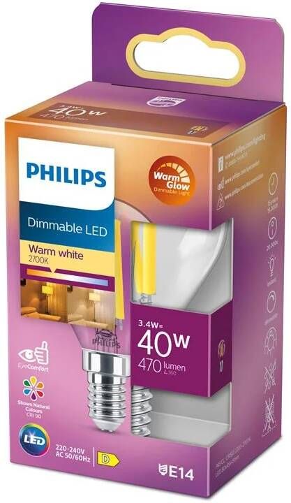 Philips Ledfilamentlamp Peertje Classic D4 5cm Dimbaar Warm Wit E14 3 4w