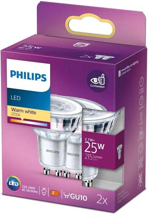 Philips Energiezuinige LED Spot 25 W GU10 warmwit licht 2 stuks Bespaar op energiekosten