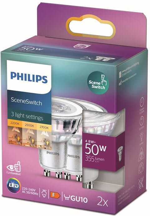 Philips LED Spot SceneSwitch 50 W GU10 warmwit licht 2 stuks